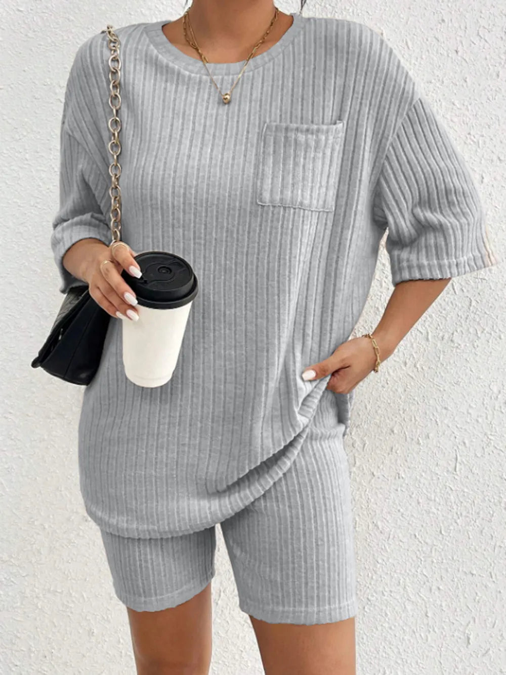 Ribbed Round Neck Top and Shorts Set Two Piece Dresses