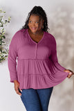 Double Take Half Button Long Sleeve Ruffle Hem Blouse 