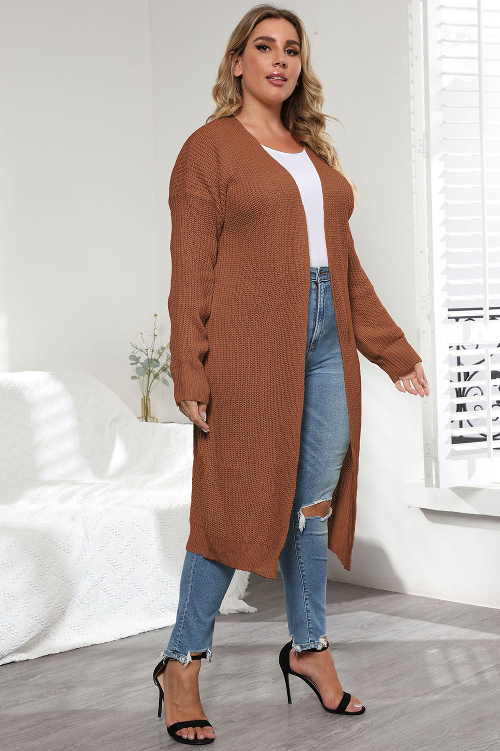 Plus Size Open Front Long Sleeve Cardigan 