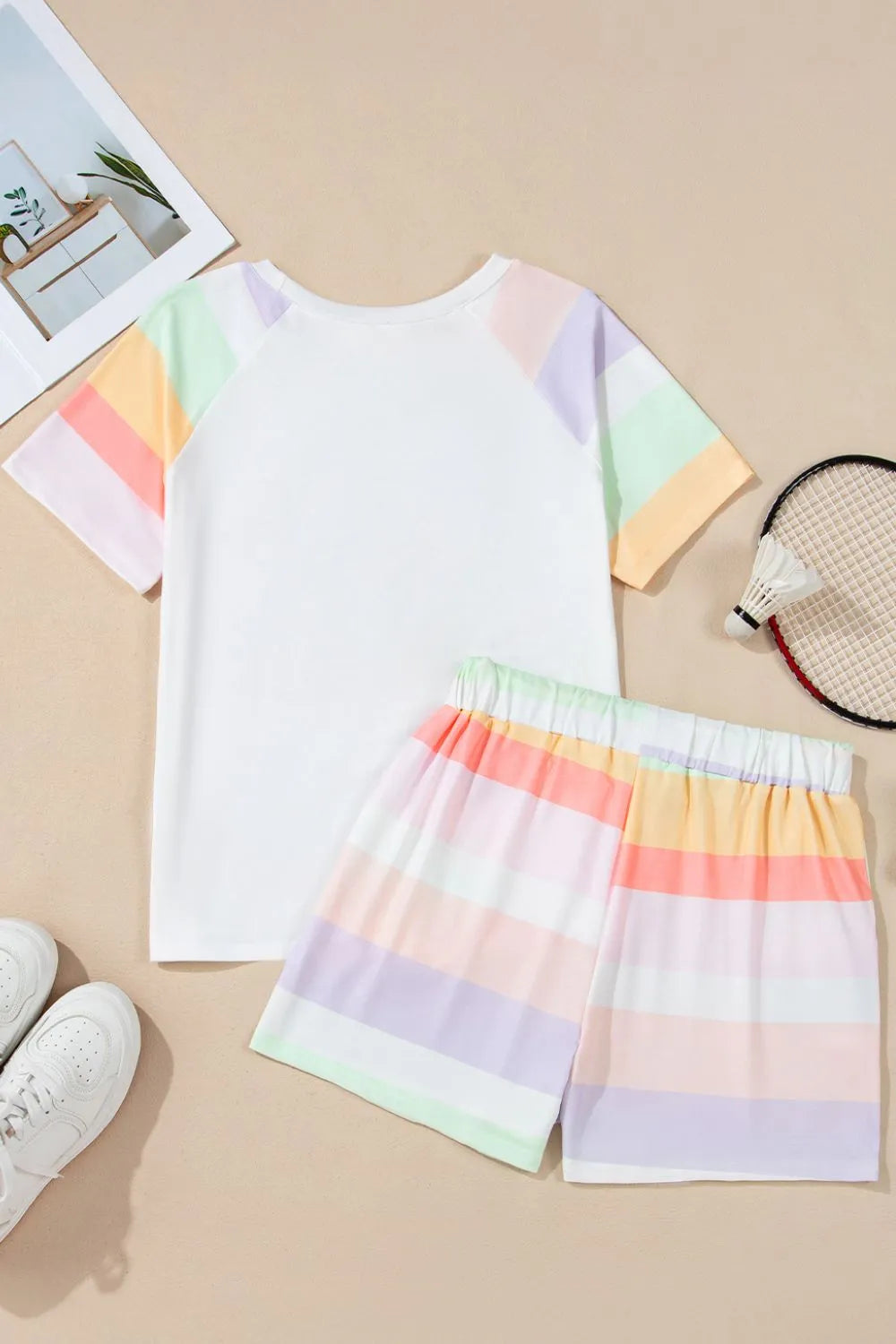 Rainbow Striped Round Neck T Shirt and Shorts Lounge Set Lingerie & Nightwear