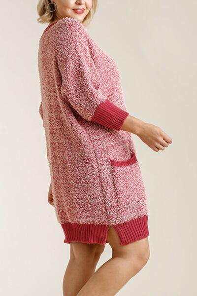 Umgee Full Size Ribbed Hem Round Neck 3/4 Sleeve Sweater Dress with Pockets Plus Size Dresses