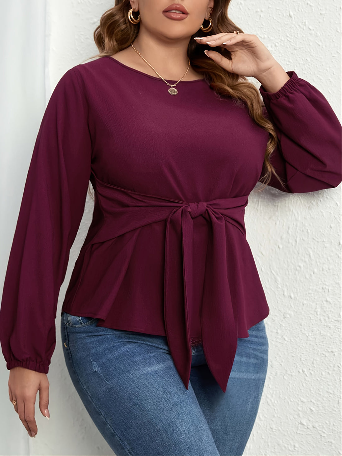 Plus Size Tie Front Long Sleeve Blouse 