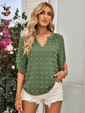 Swiss Dot Notched Neck Flare Sleeve Blouse 