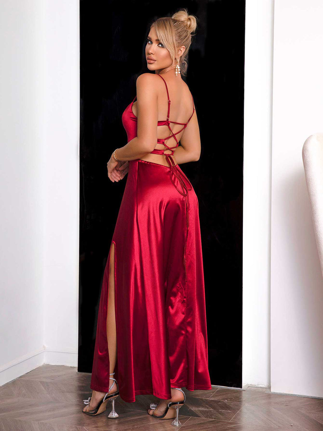 Spaghetti Strap Lace-Up Back Split Dress dress