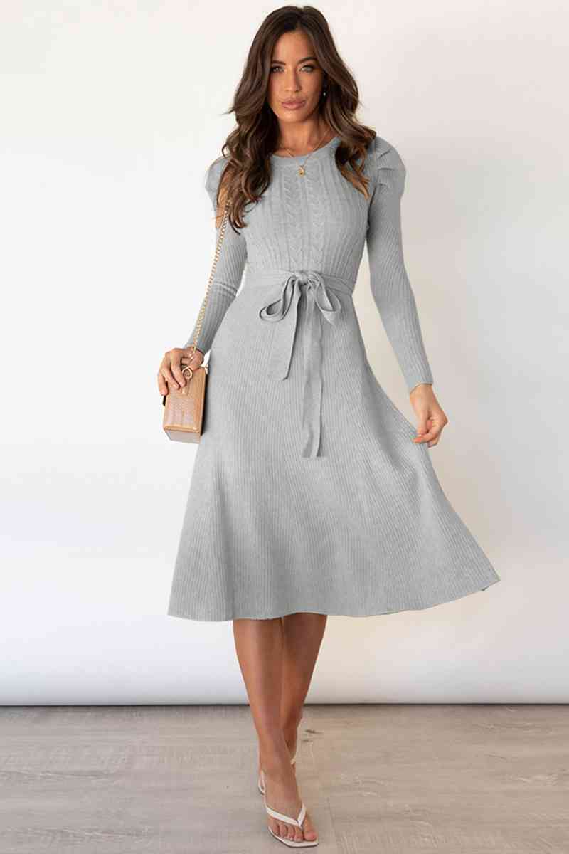 Round Neck Long Sleeve Tie Waist Sweater Dress Dresses