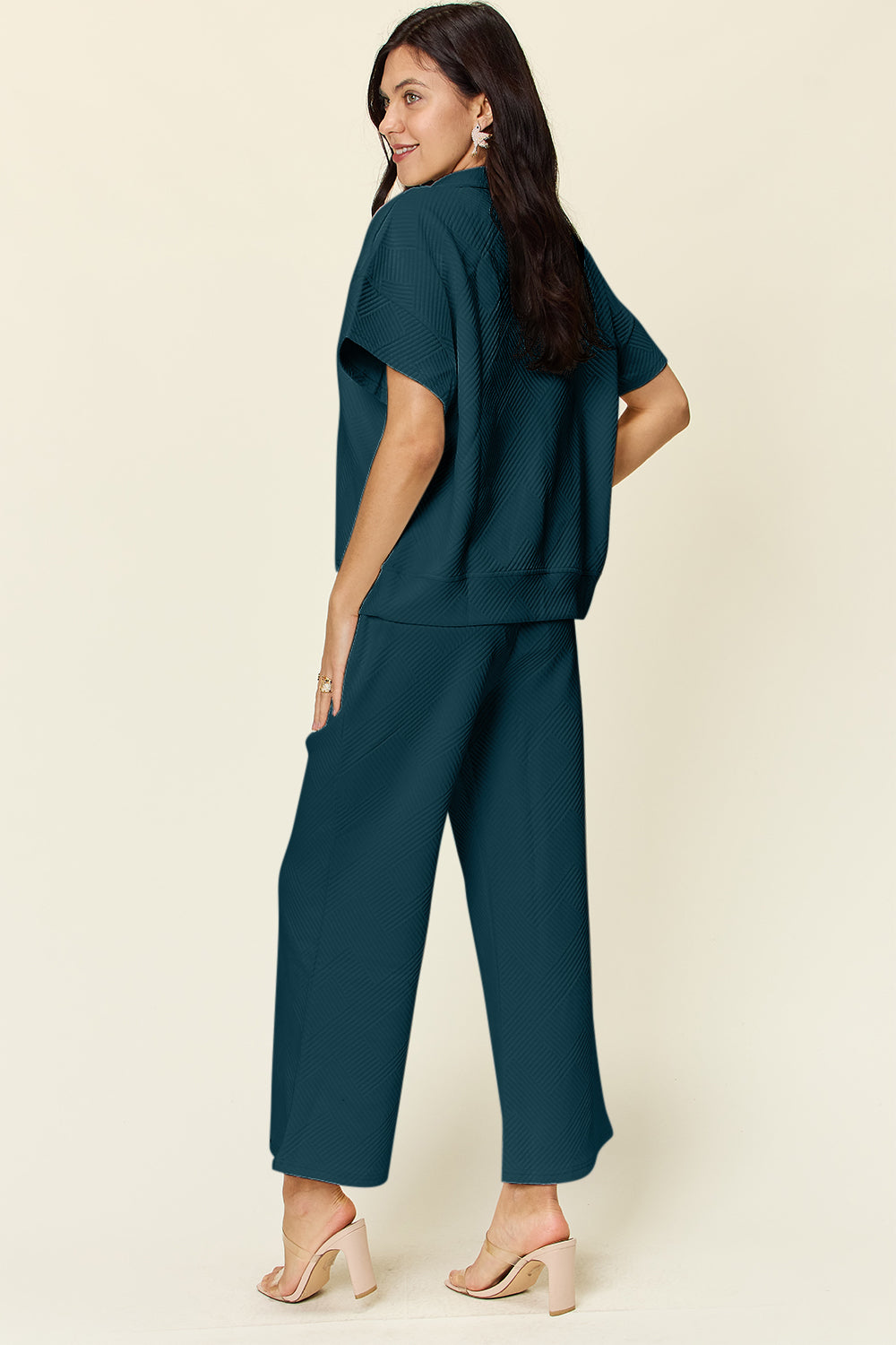 Double Take Full Size Texture Half Zip Short Sleeve Top and Pants Set 