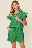 Double Take Full Size Texture Flounce Sleeve Top and Drawstring Shorts Set 