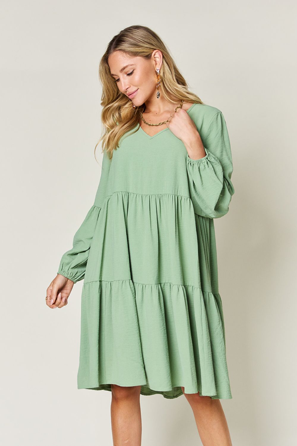 Double Take Full Size V-Neck Balloon Sleeve Tiered Dress with Pockets 