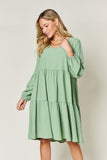 Double Take Full Size V-Neck Balloon Sleeve Tiered Dress with Pockets 