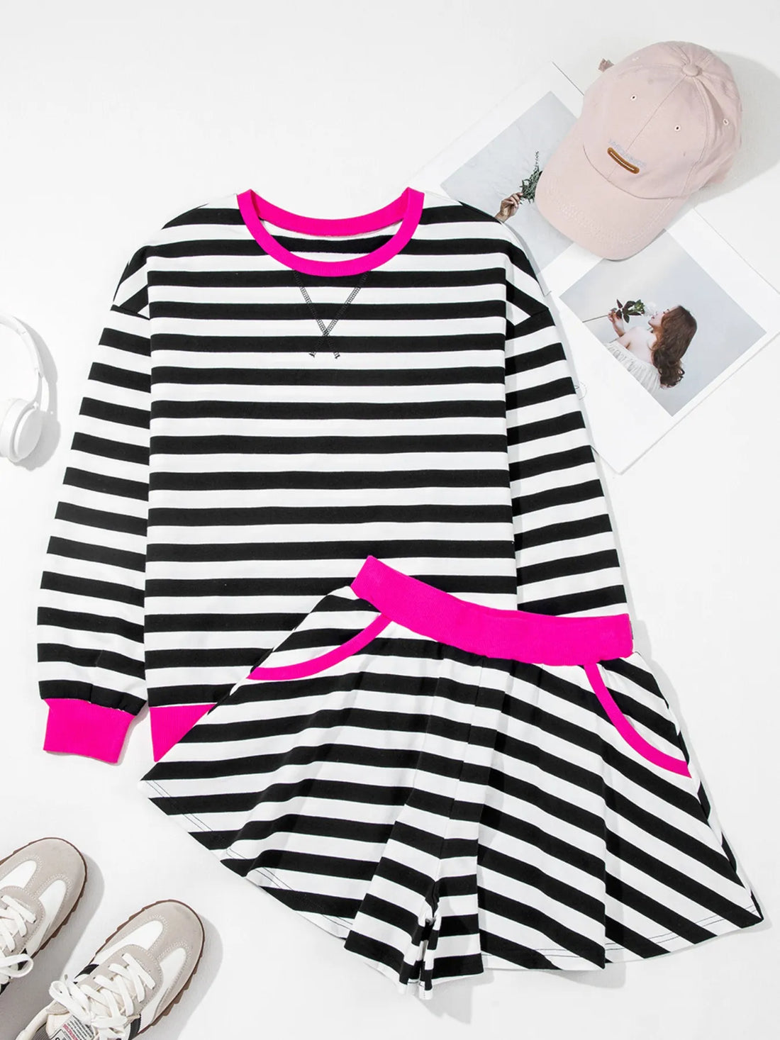 Stripe Contrast Ribbed Banding Long Sleeve Blouse and Loose Shorts Set Two Piece Dresses