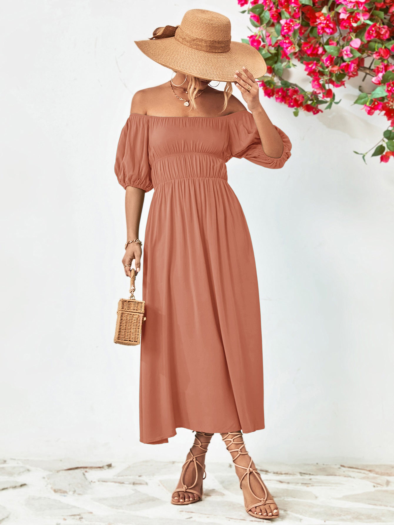 Off-Shoulder Balloon Sleeve Midi Dress 