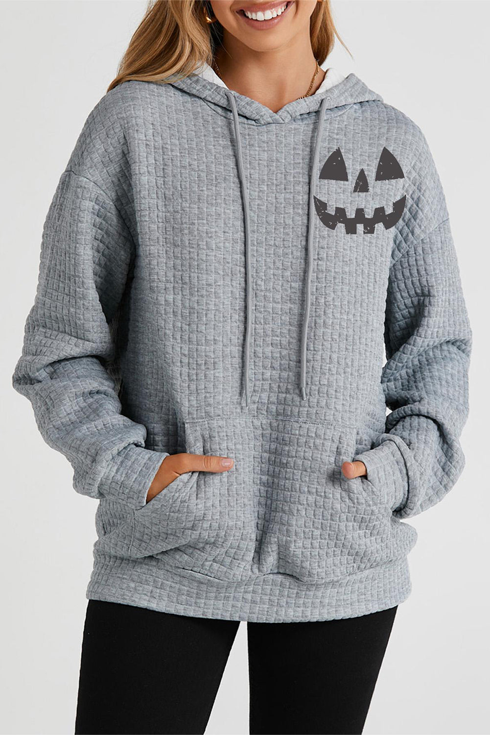 Pumpkin Face Graphic Drawstring Hoodie with Pocket 