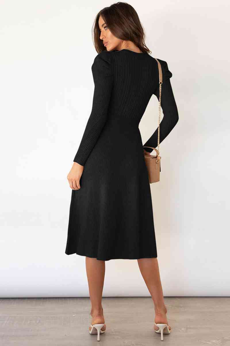 Round Neck Long Sleeve Tie Waist Sweater Dress Dresses