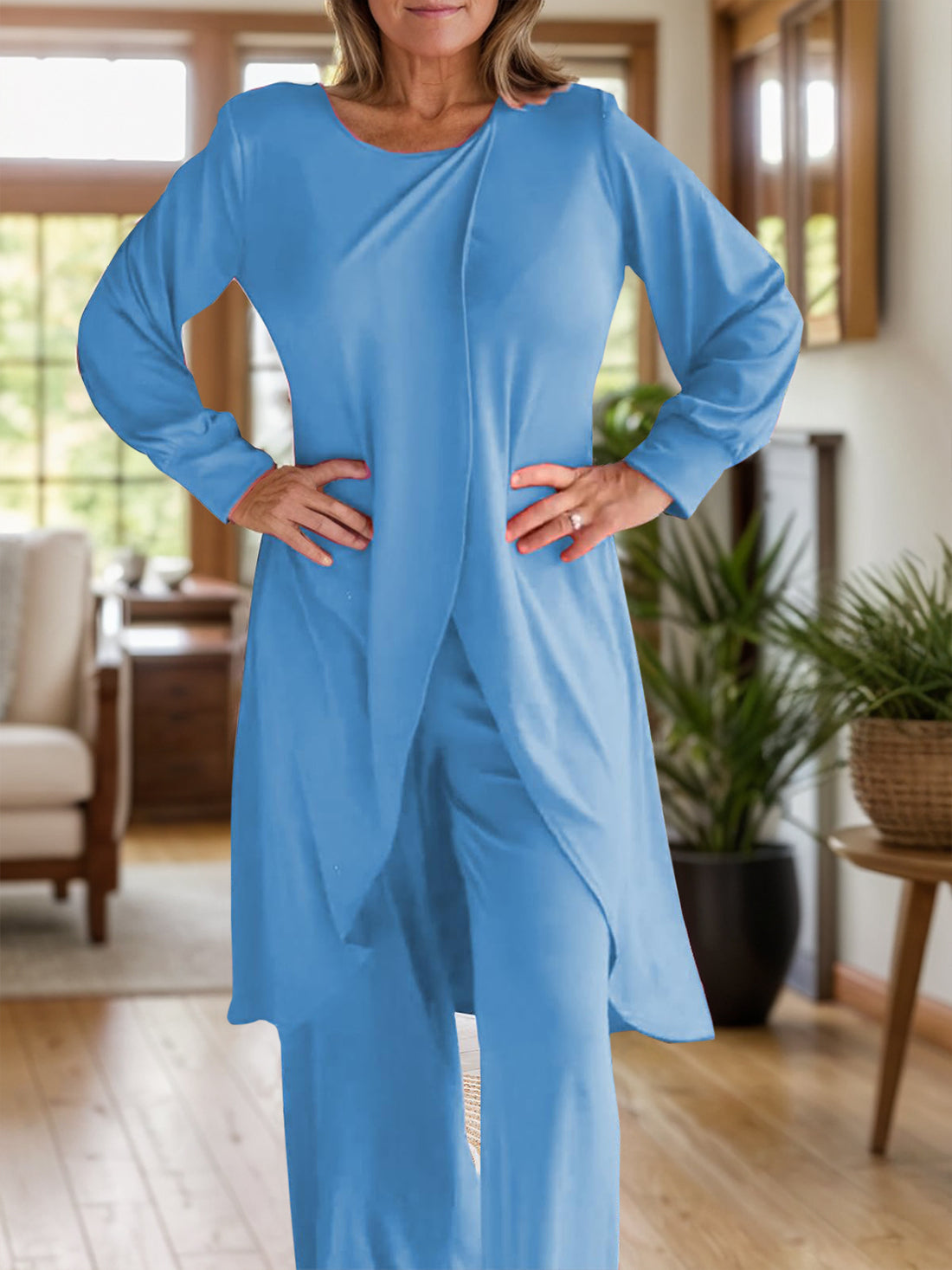 Full Size Slit Round Neck Long Sleeve Top and Pants Set 