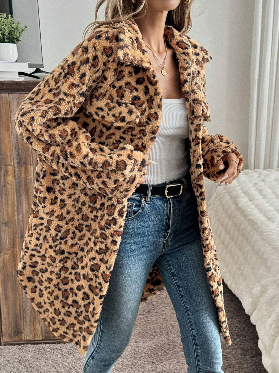 Leopard Button Up Long Sleeve Fuzzy Coat 