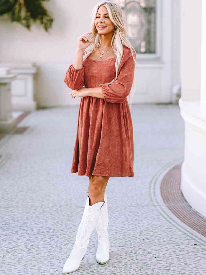 Square Neck Three-Quarter Sleeve Mini Dress Dresses