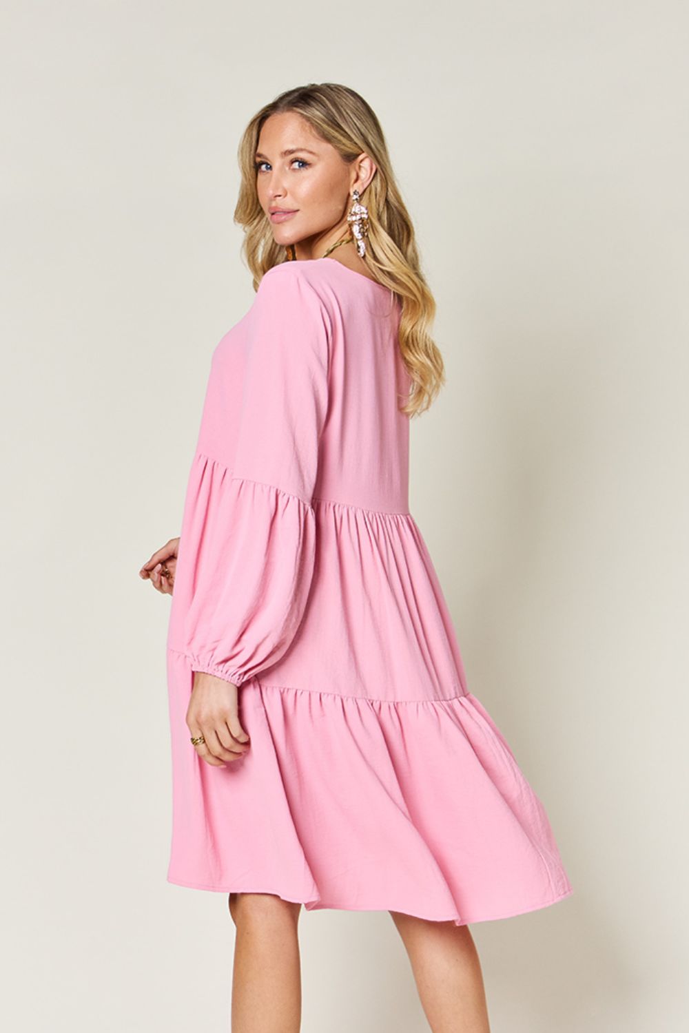 Double Take Full Size V-Neck Balloon Sleeve Tiered Dress with Pockets 