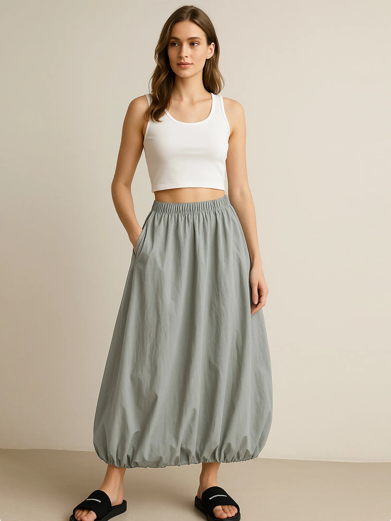 Elastic Waist Bubble Hem Maxi Skirt 