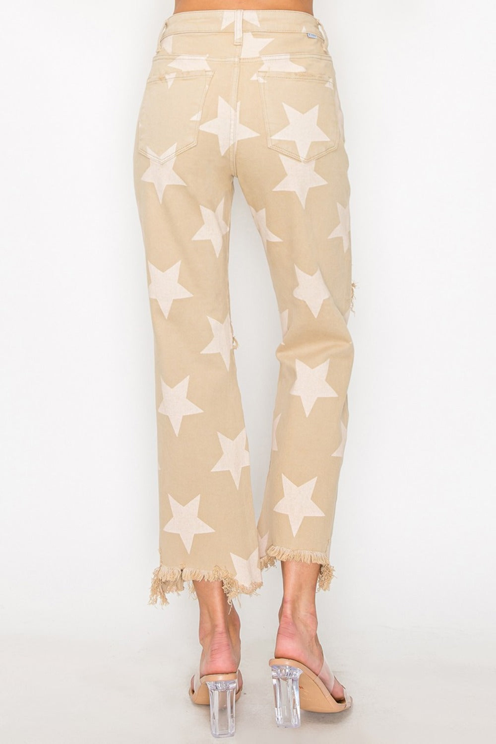 RISEN Full Size High Rise Star Printed Frayed Hem Jeans 