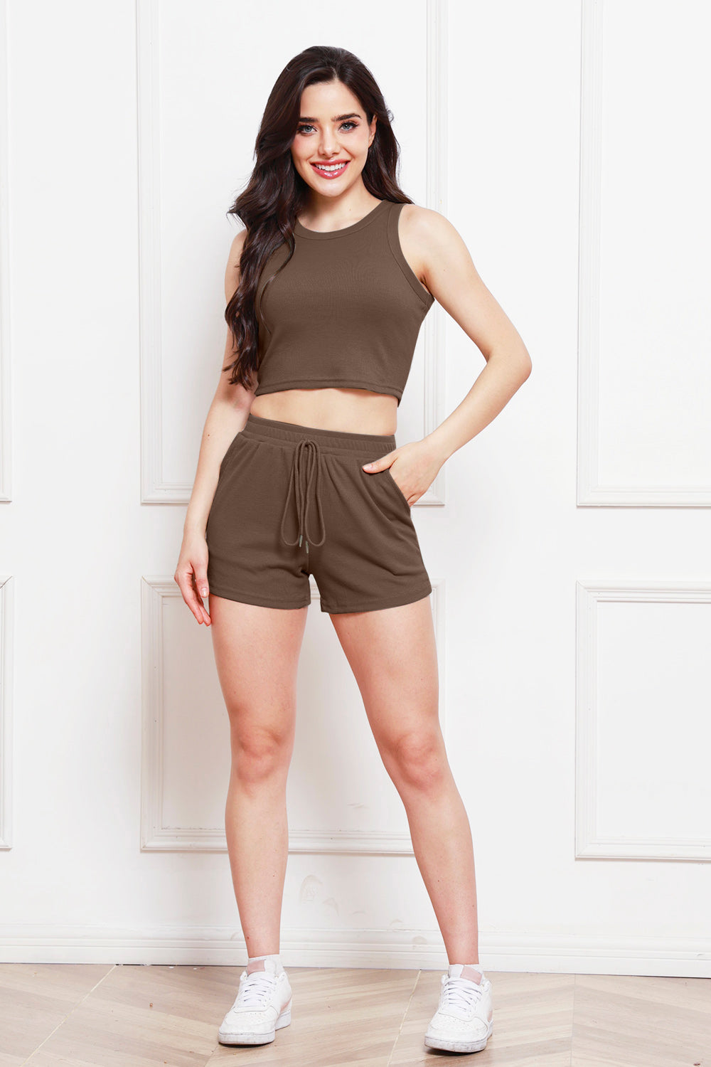 Round Neck Tank and Drawstring Shorts Set 