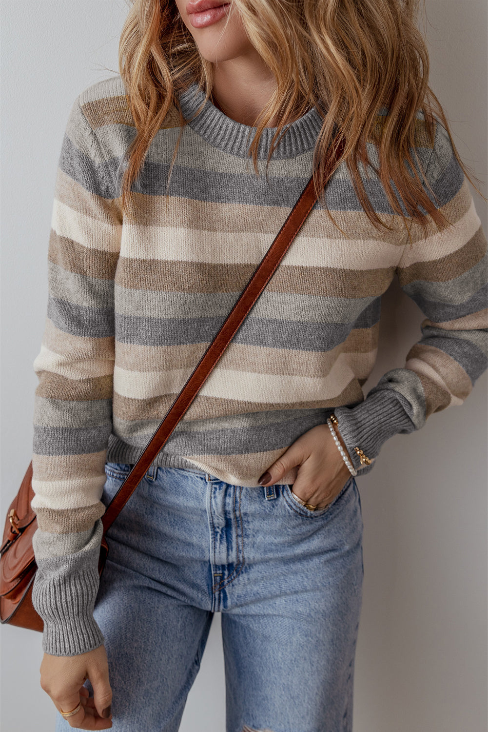 Gray Stripe Color Block Ribbed Edge Round Neck Sweater Sweaters & Cardigans/Sweaters