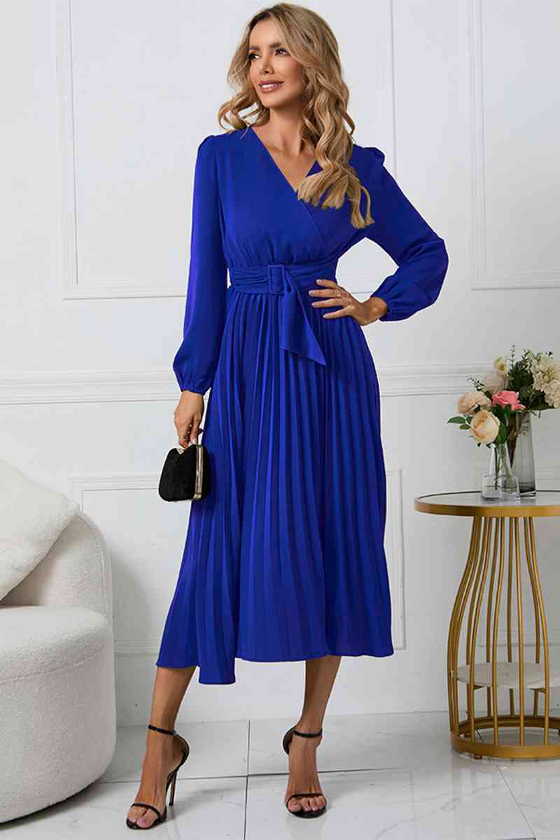 V-Neck Long Sleeve Tie Waist Midi Dress Dresses