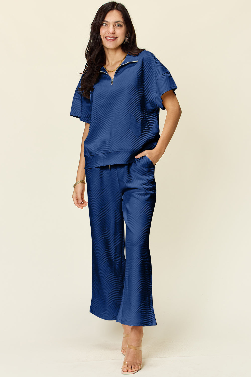 Double Take Full Size Texture Half Zip Short Sleeve Top and Pants Set 