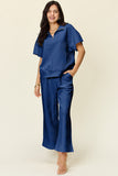 Double Take Full Size Texture Half Zip Short Sleeve Top and Pants Set 