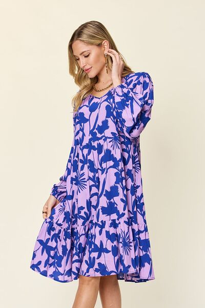 Double Take Full Size Printed Ruffle Hem Dress with Pocket 