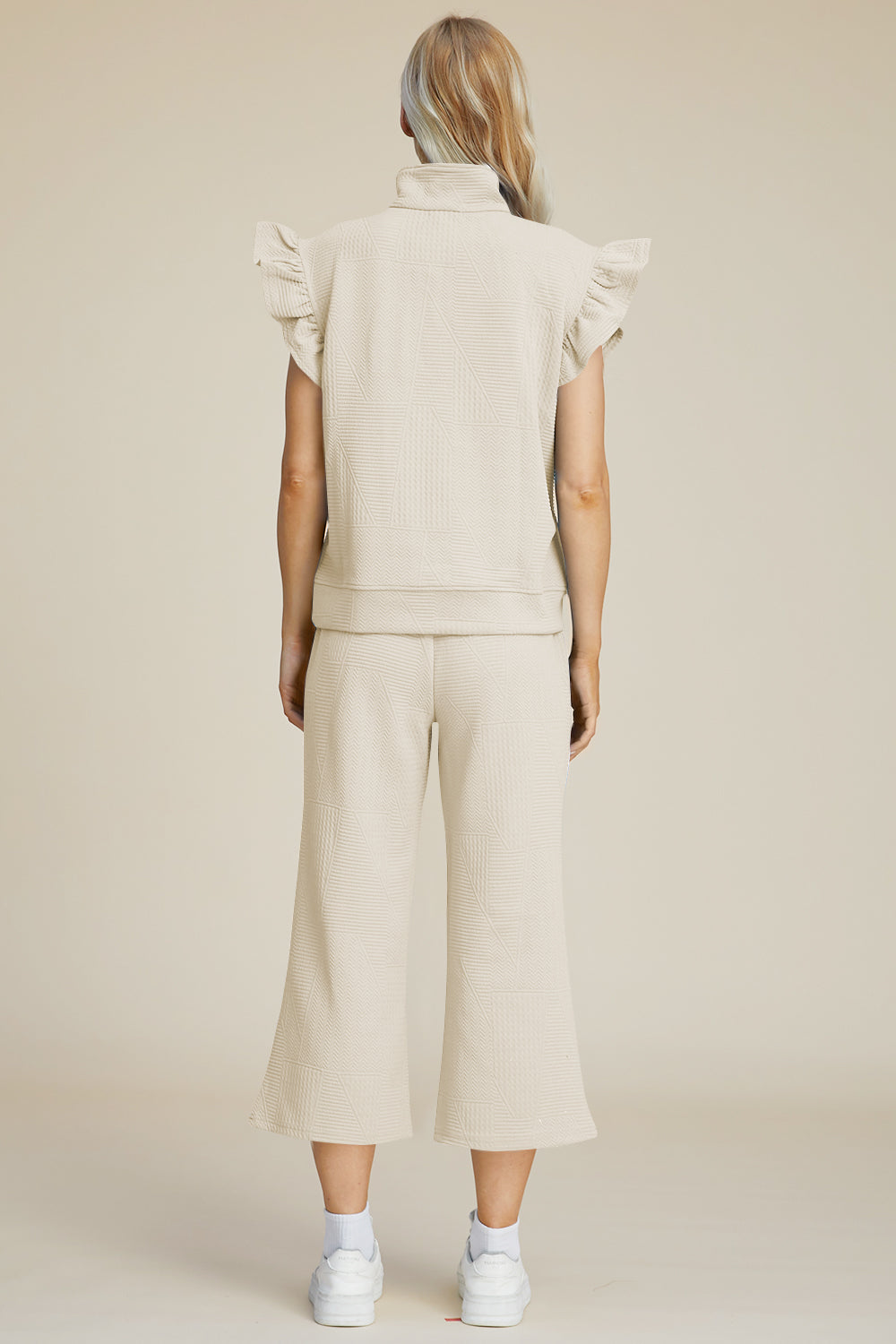 Double Take Full Size Texture Ruffle Short Sleeve Top and Wide Leg Pants Set 