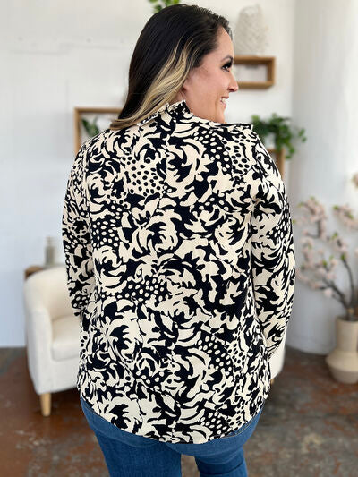 Double Take Full Size Printed Ruffle Trim Balloon Sleeve Shirt 