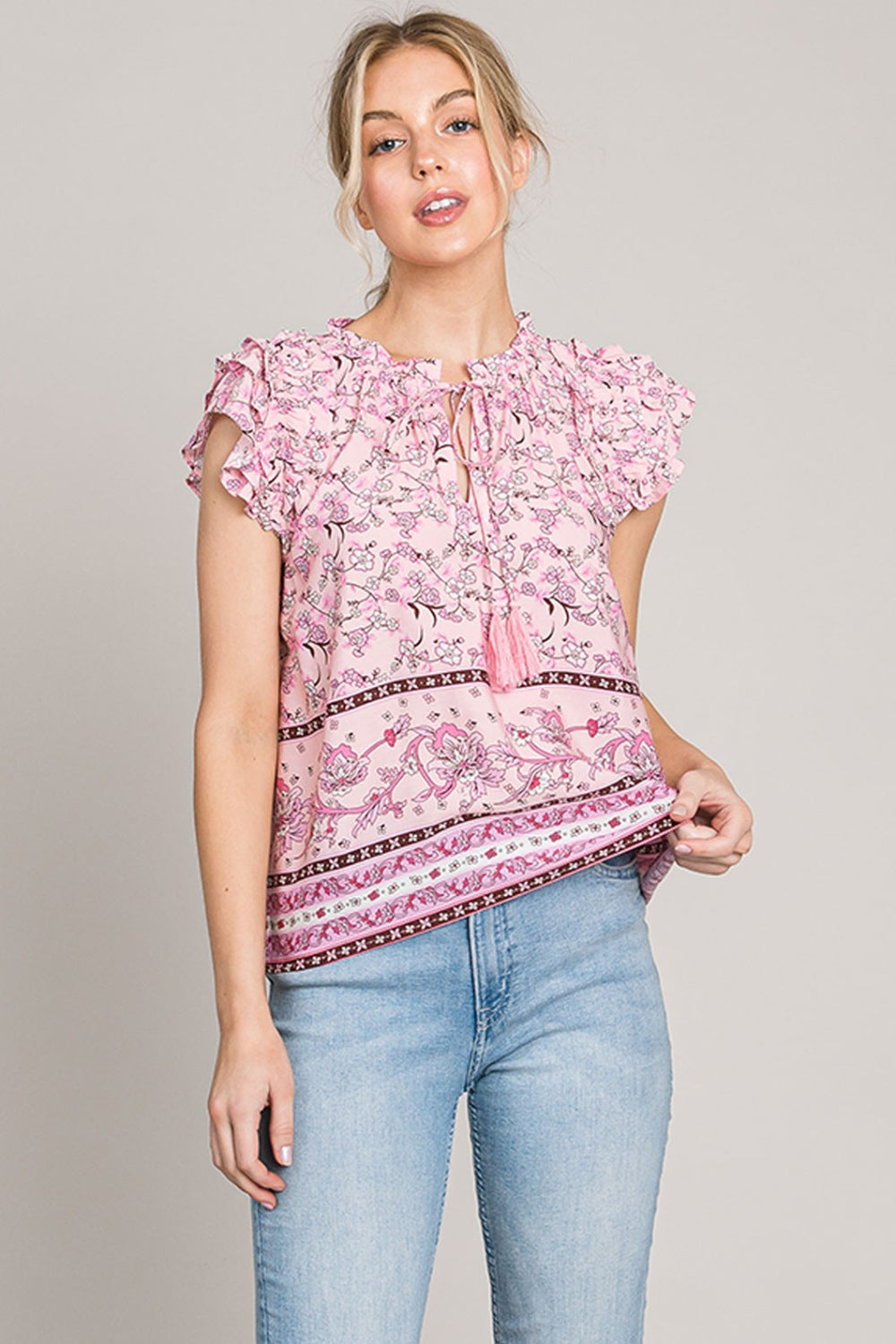 Cotton Bleu by Nu Lab Print Ruffle Sleeve Detail Blouse 