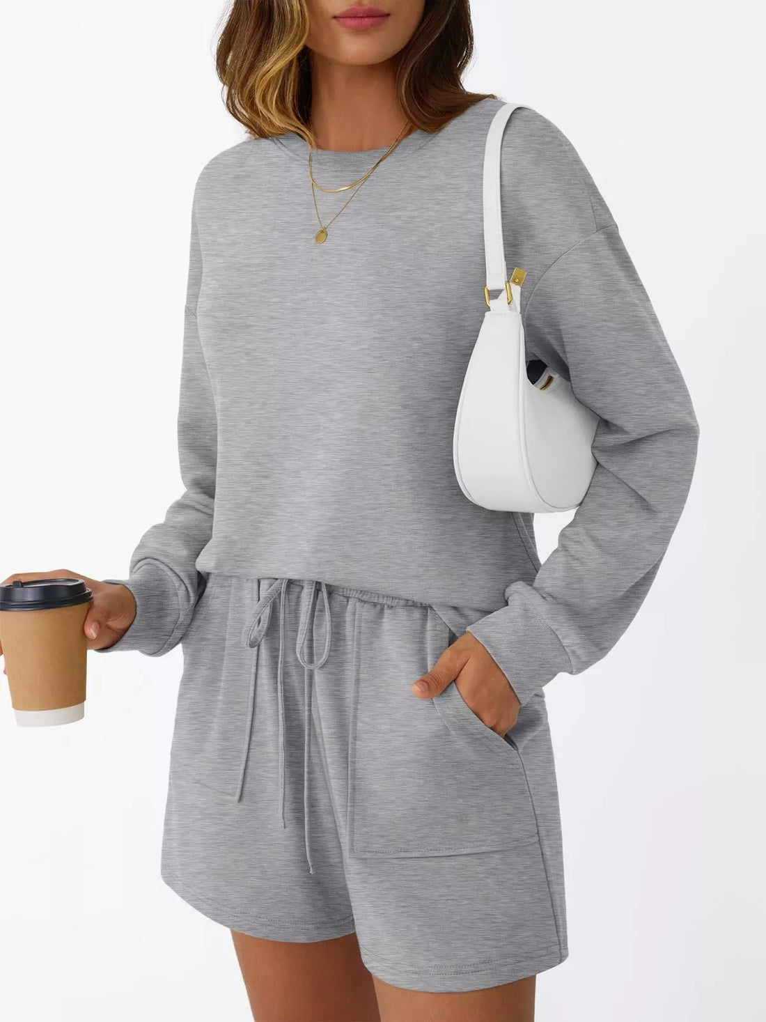 Round Neck Long Sleeve Top and Shorts Set Two Piece Dresses