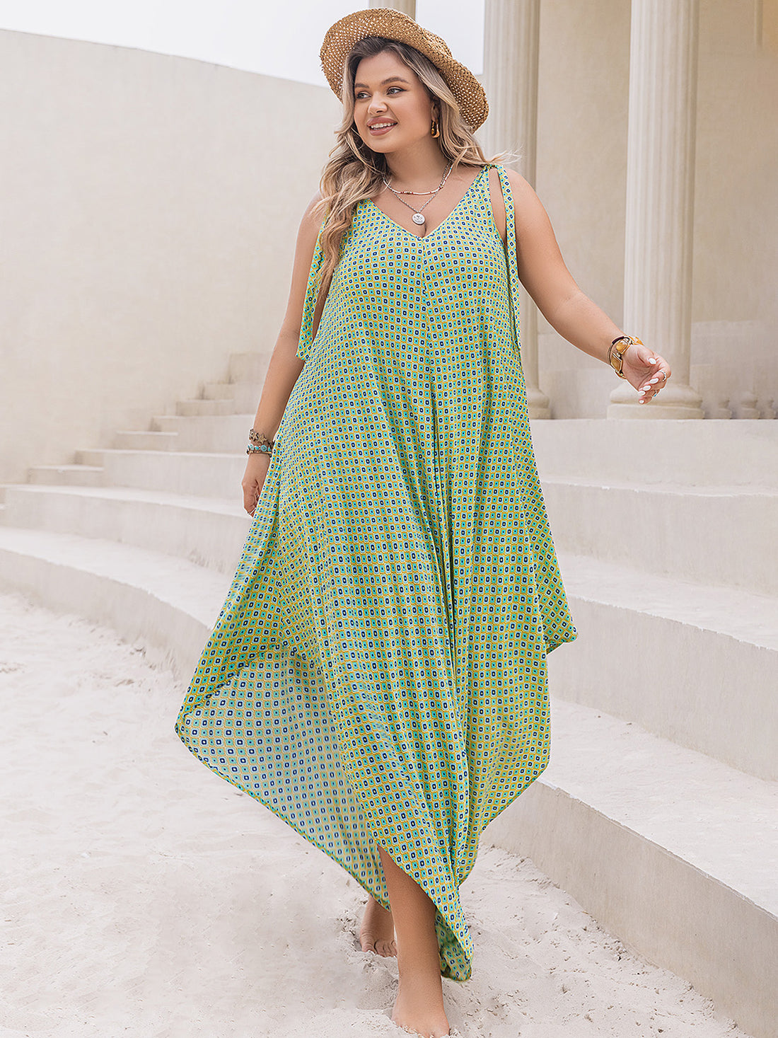 Plus Size Printed V-Neck Wide Leg Jumpsuit 