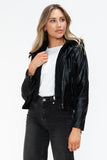 Snobbish Faux Leather Zip Up Drawstring Hooded Jacket 