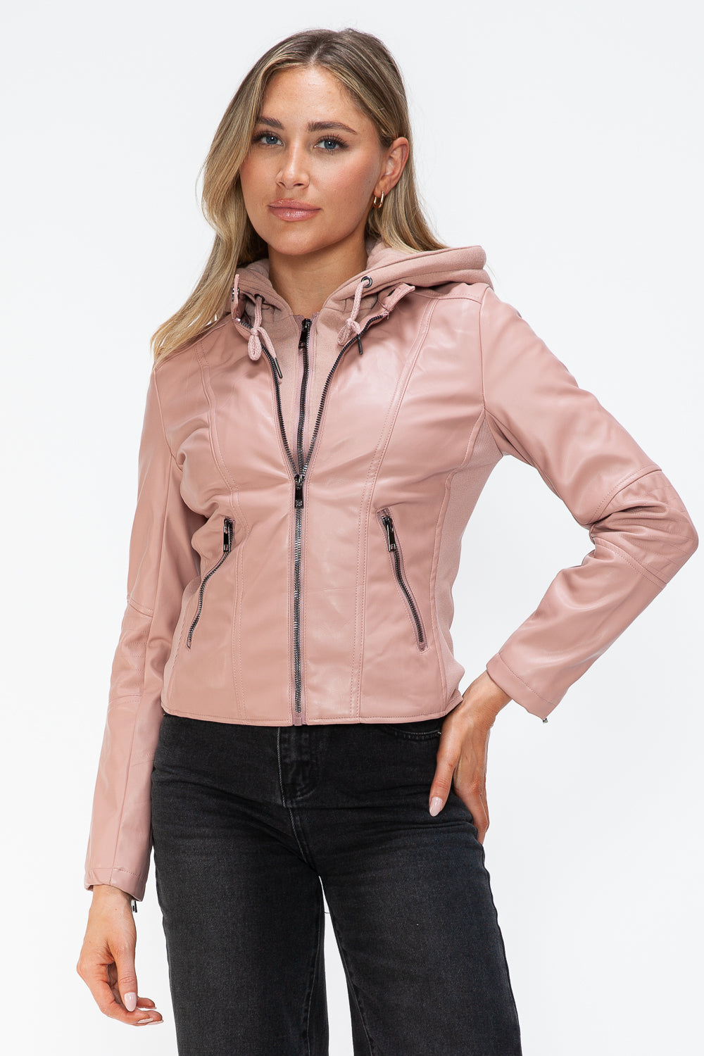 Snobbish Faux Leather Zip Up Drawstring Hooded Jacket 