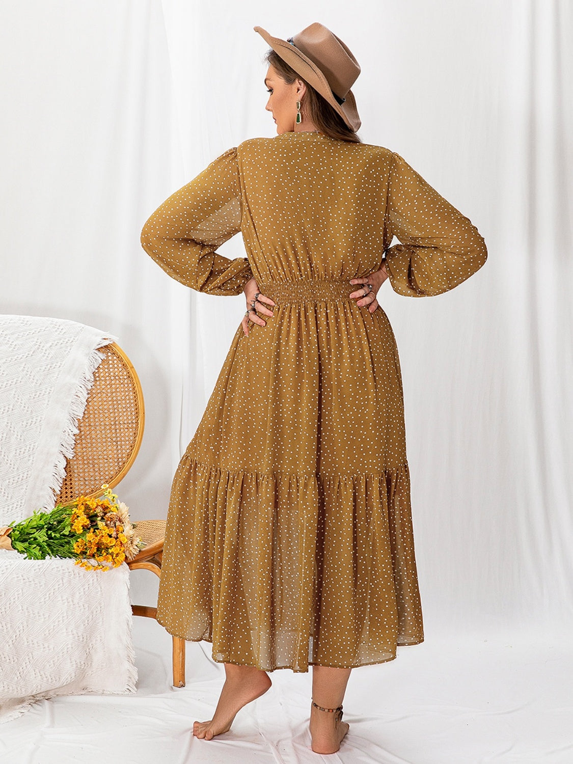 Plus Size Polka Dot Tie Neck Balloon Sleeve Maxi Dress 