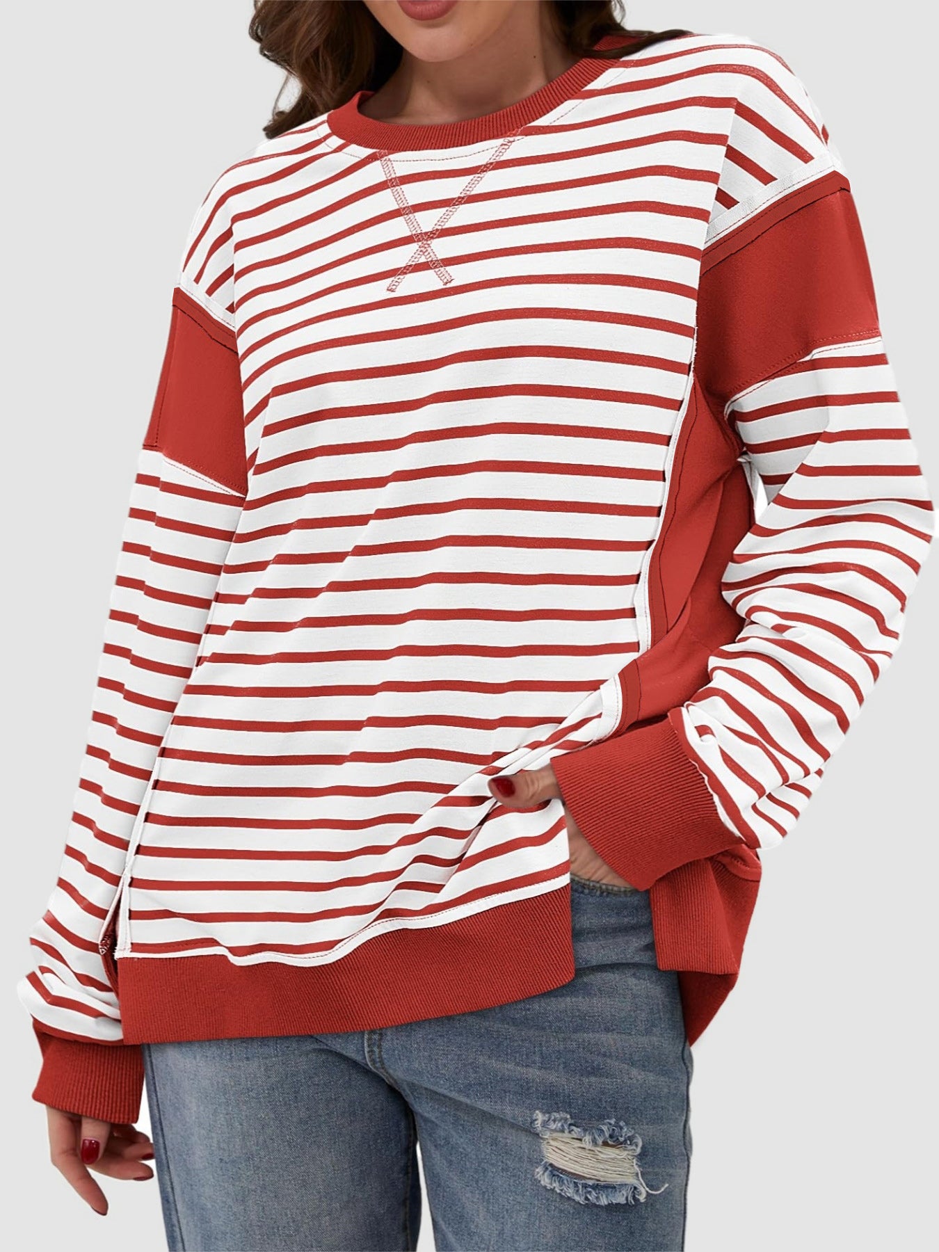Slit Exposed Seam Striped Long Sleeve Sweatshirt 