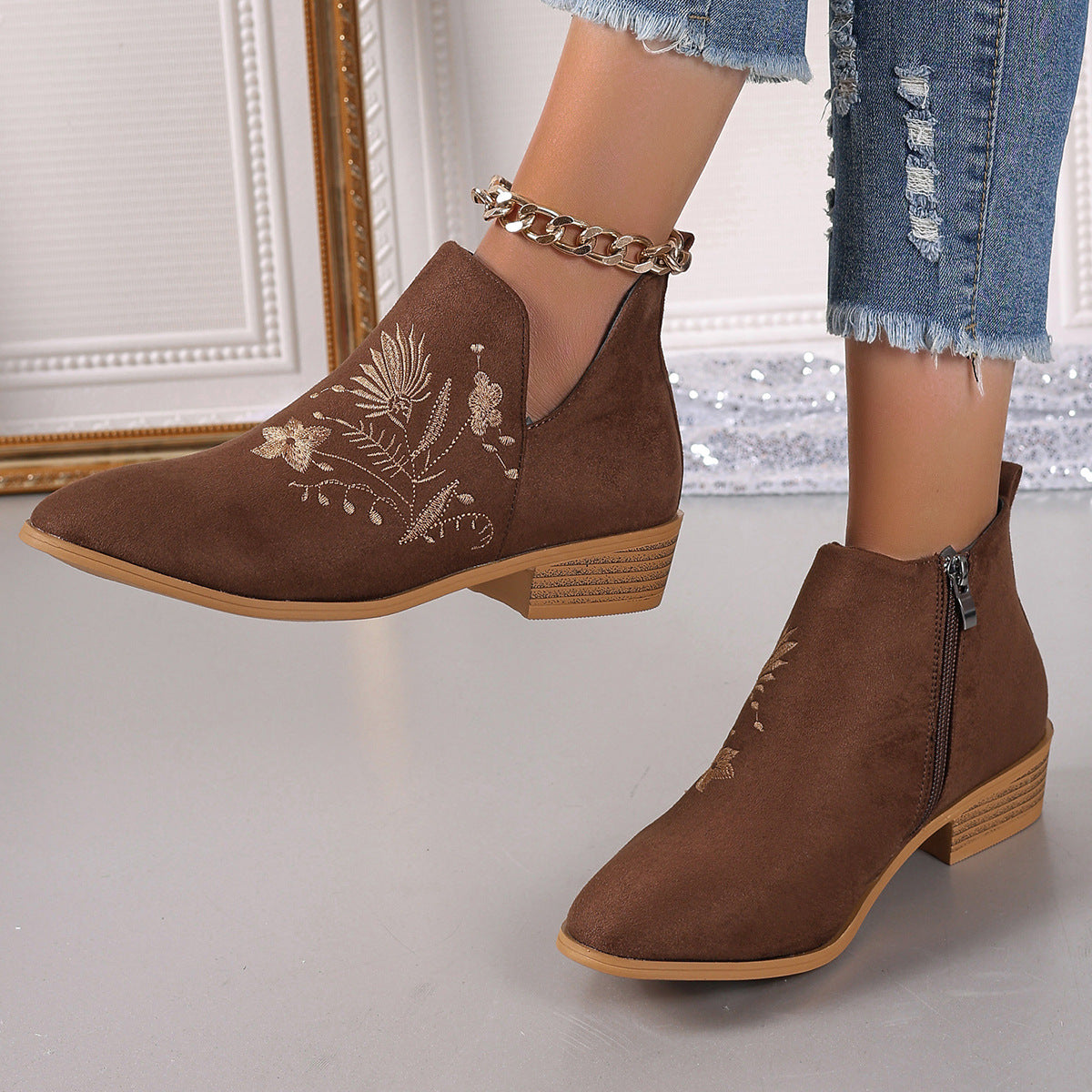 Embroidered Suede Point Toe Block Heel Boots 