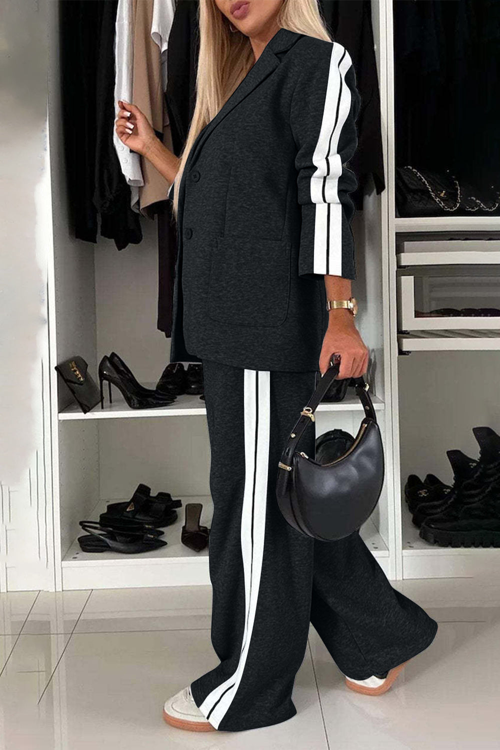 Full Size Contrast Lapel Collar Top and Pants Set 