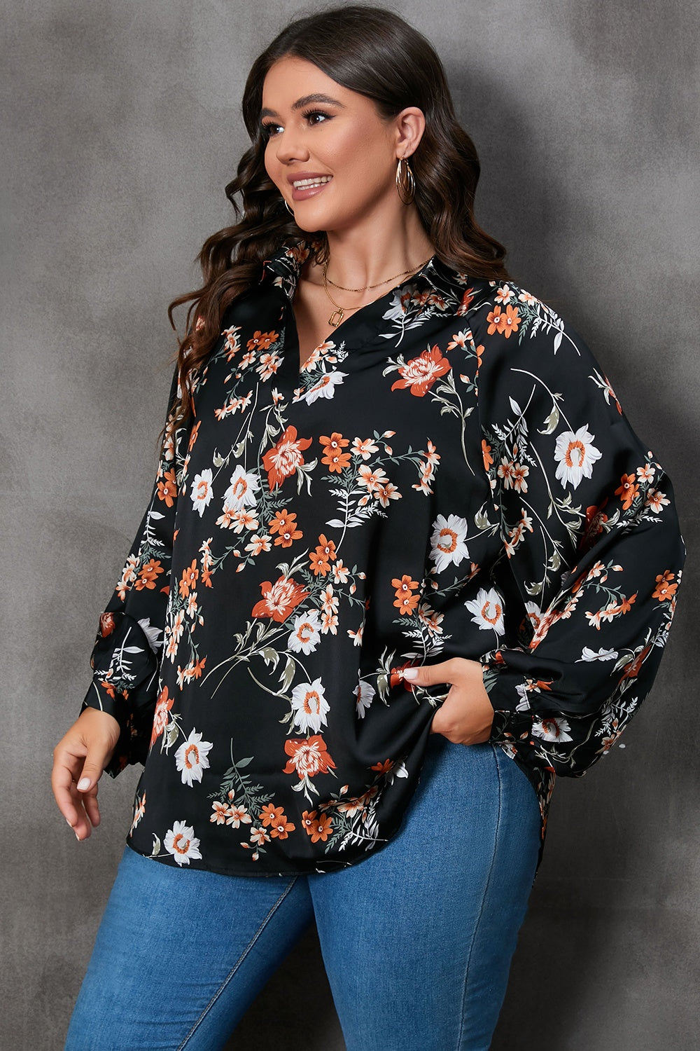 Plus Size Printed Johnny Collar Long Sleeve Blouse 