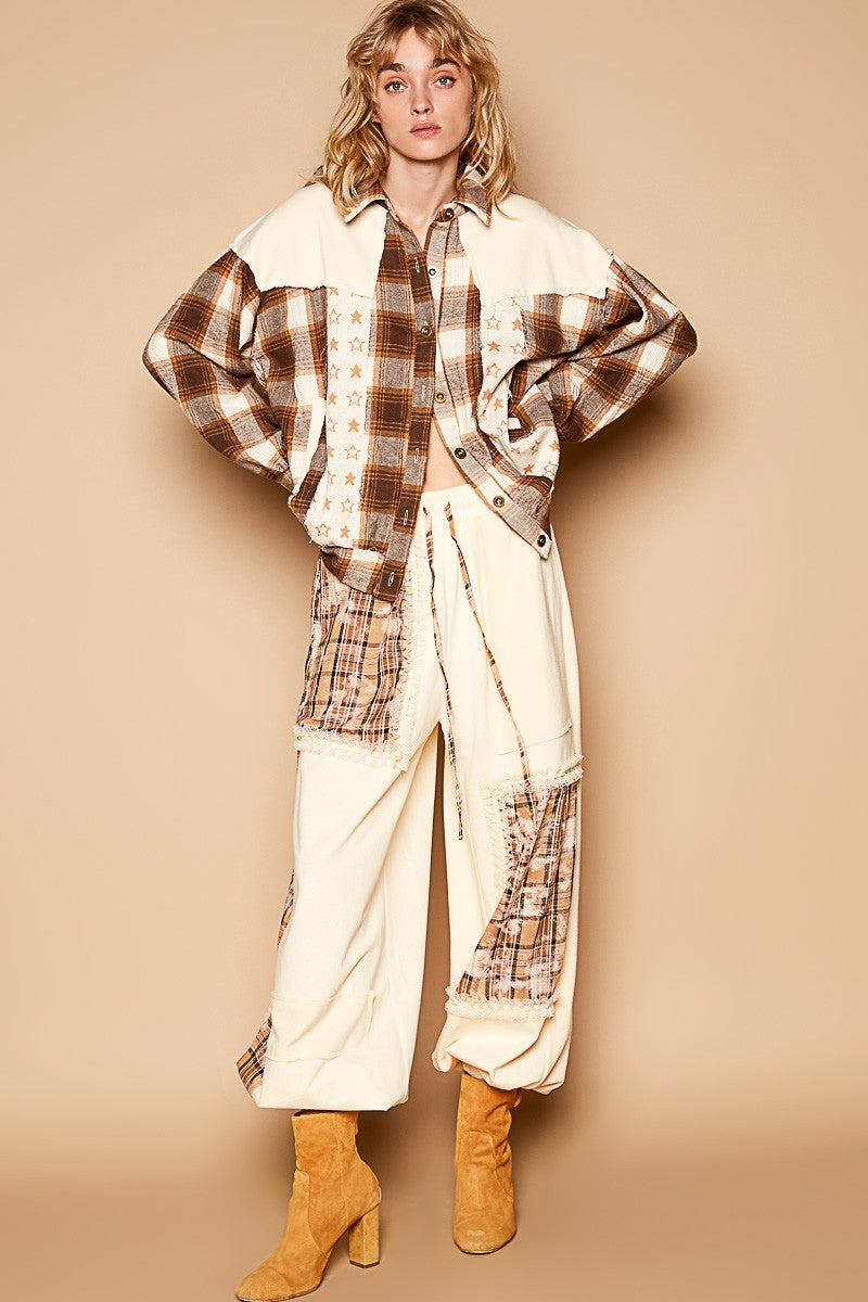 POL Plaid & Star Patchwork Contrast Long Sleeve Shacket 