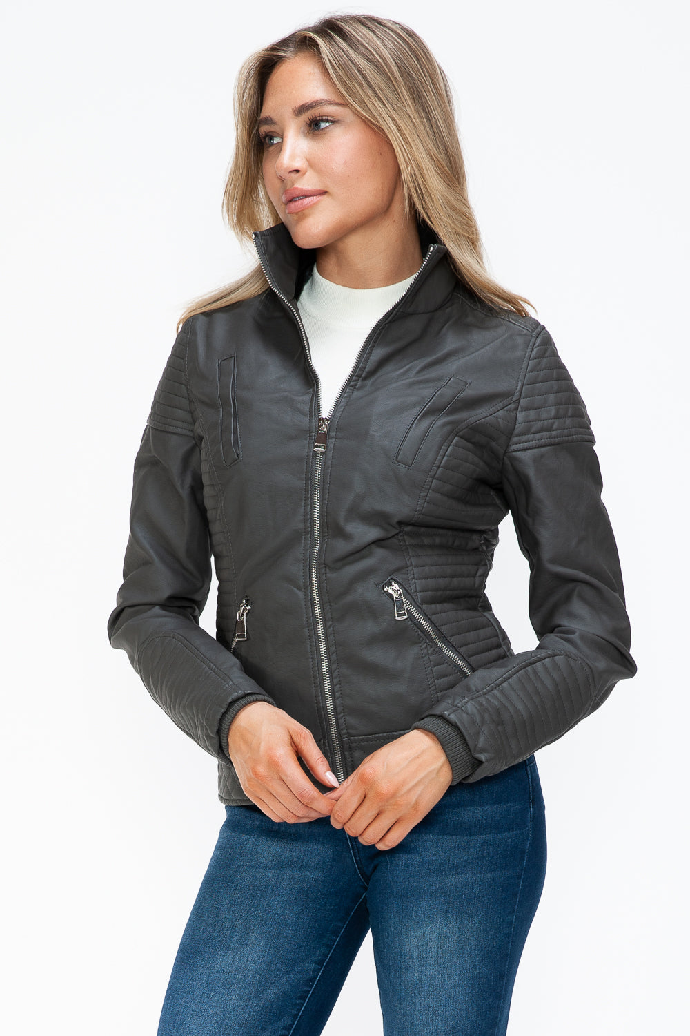 YMI Faux Layered Double-Zipper Jacket with Fuzzy Hood 
