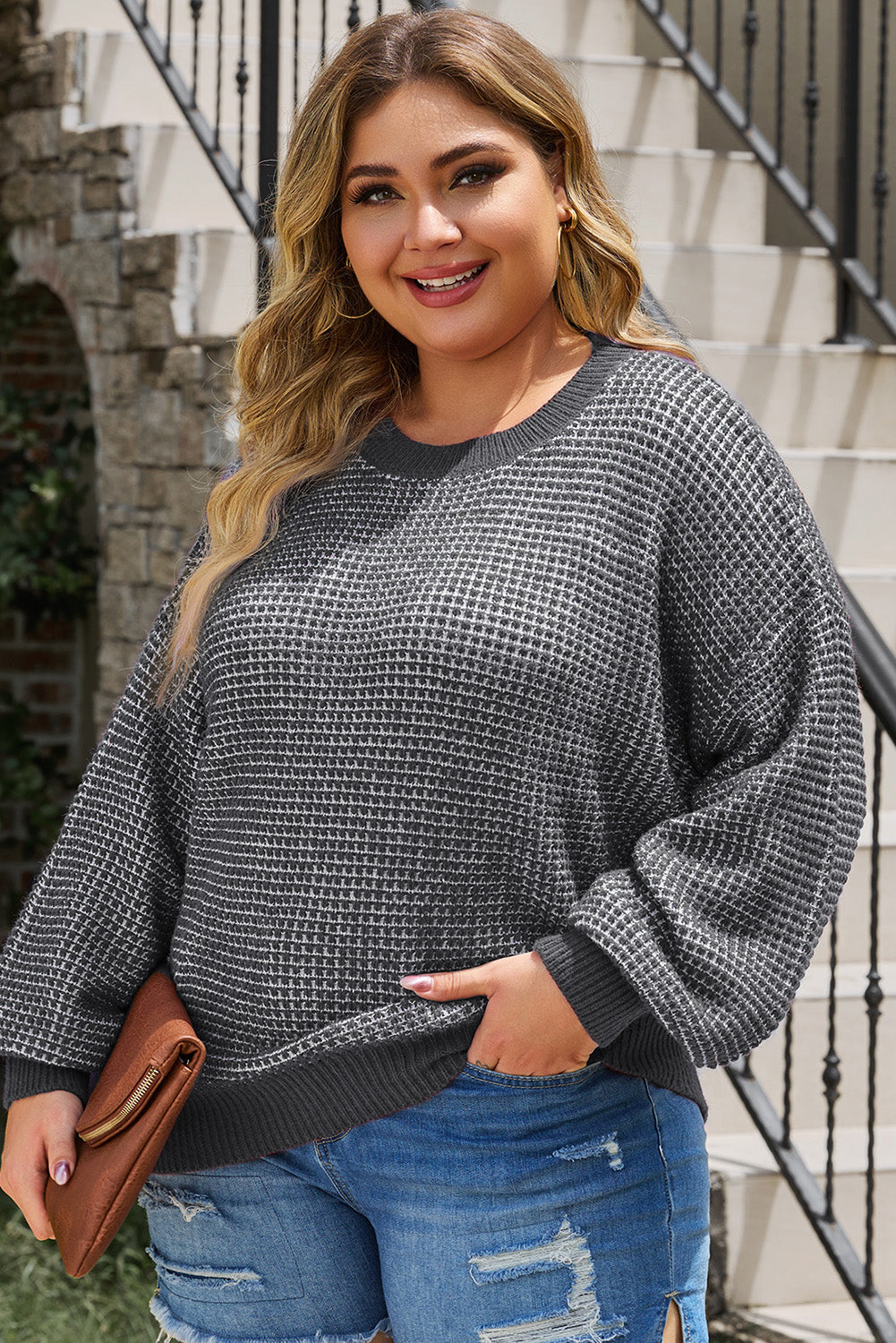 Plus Size Waffle-Knit Round Neck Dropped Shoulder Sweater 