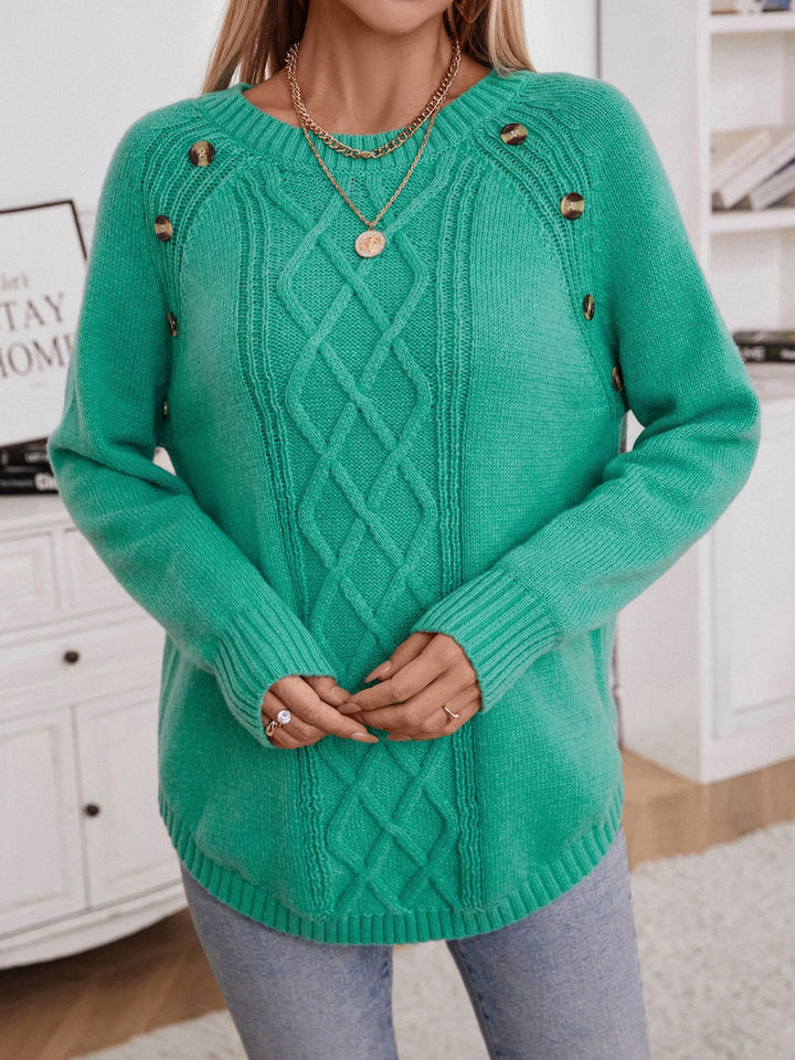 Decorative Button Round Neck Raglan Sleeve Sweater 