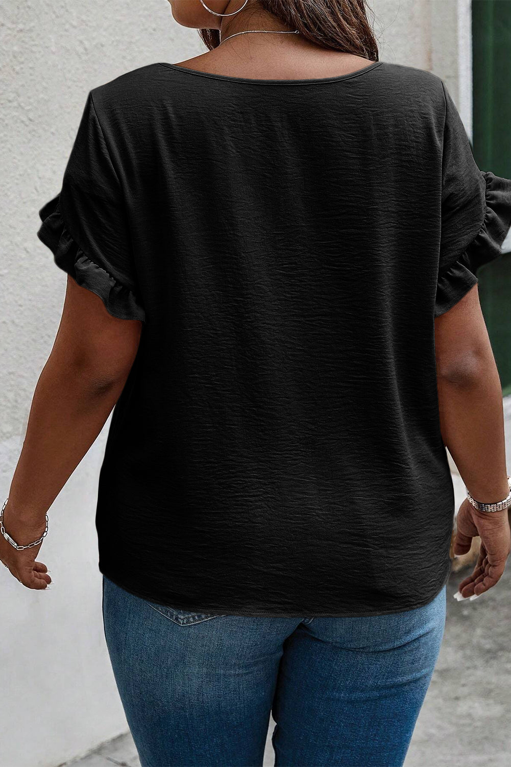 Plus Size Ruffled Round Neck Short Sleeve Blouse 