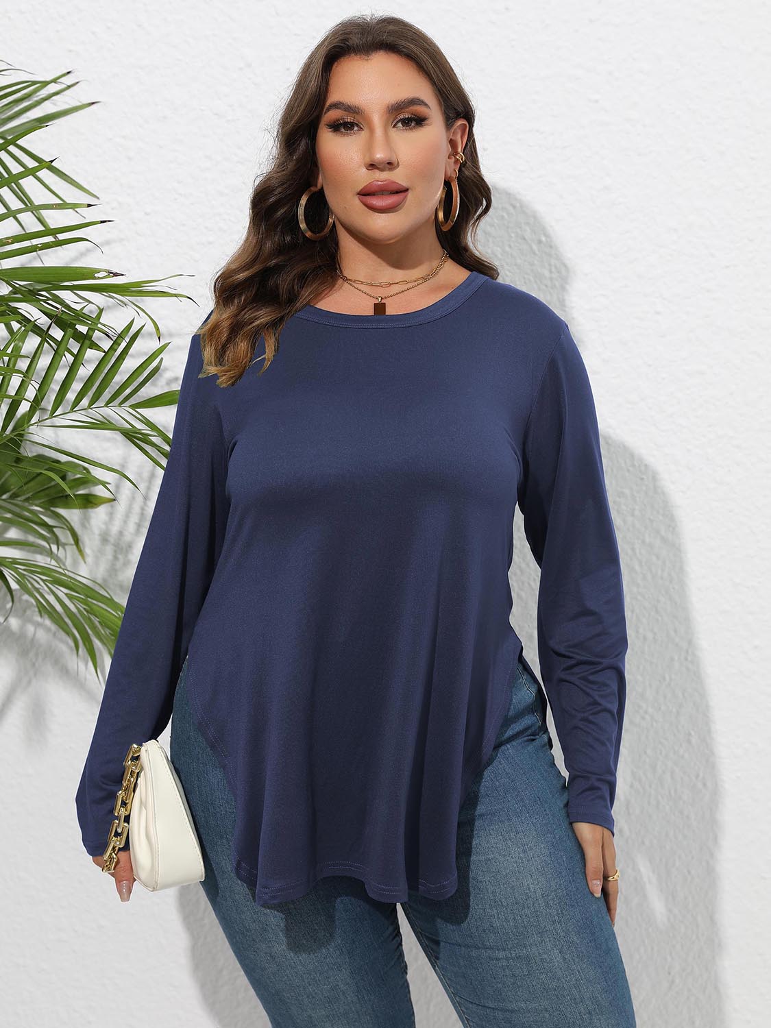 Plus Size Round Neck Long Sleeve Slit T-Shirt 