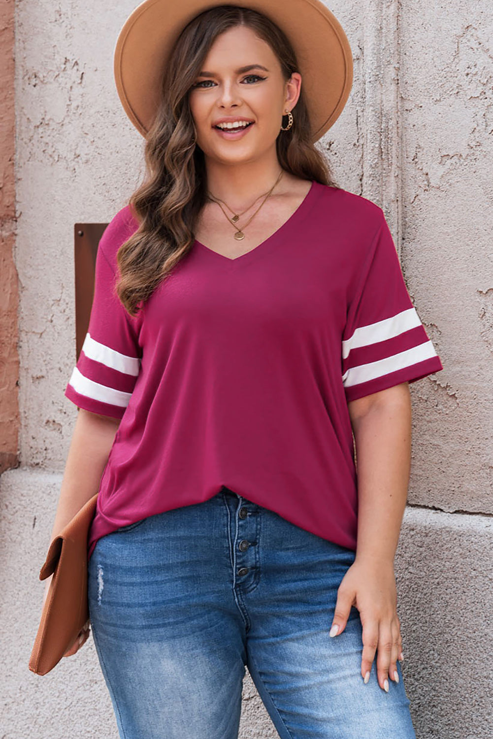 Plus Size Striped V-Neck Tee Shirt 
