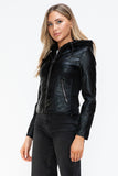 Snobbish Faux Leather Zip Up Drawstring Hooded Jacket 