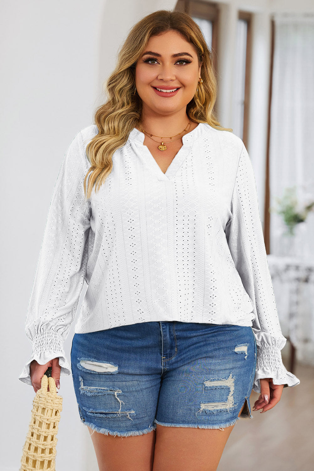 Plus Size Eyelet Notched Flounce Sleeve Blouse 